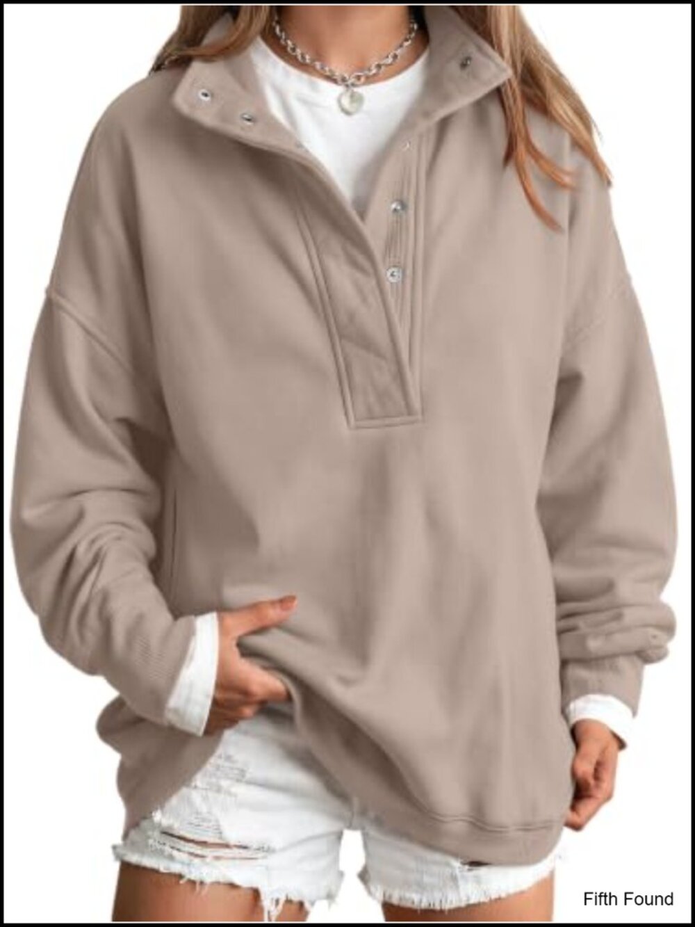 Women's Oversized Henley Snap Button Fleece Pullover Sweatshirt